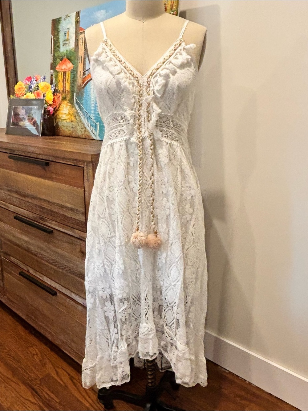 Cupshe Ivory Lace Midi Dress with Braided Tassel Waist